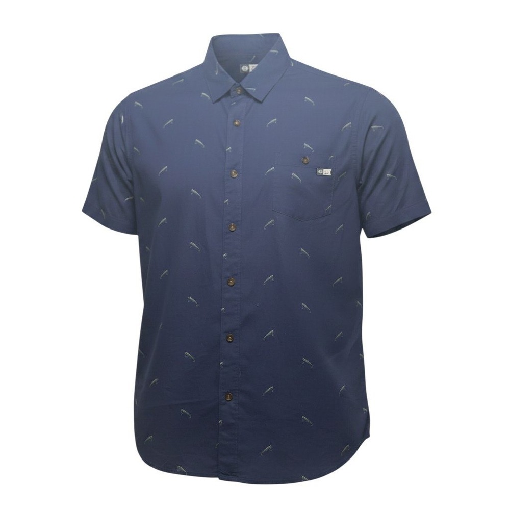 Salty Crew Button Down XL Navy Blue Fishing Lure Print Short Sleeve Stretch